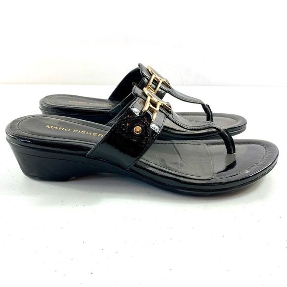 Marc Fisher Women’s Sz 9M Black Thing Heel Metal Detail Sandals - Picture 2 of 10